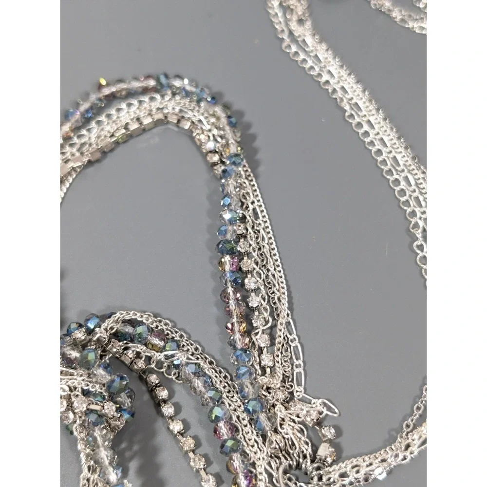 Evening Chic Silver Tone Multi Chain Glass Bead Rhinestone Knot Long Necklace 34
